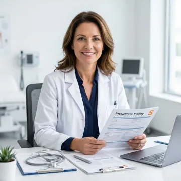 Medical professional reviewing malpractice insurance documents at a clinic desk