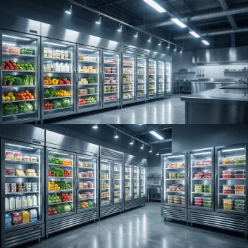 Commercial refrigerator units in a restaurant kitchen with food inventory stored inside