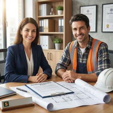 Insurance broker discussing construction coverage options with a small business contractor