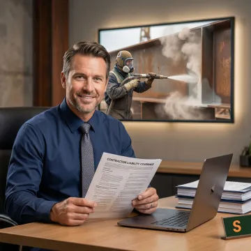 Insurance broker reviewing a sandblasting contractor's coverage documents at a desk with industrial job site photos in the background