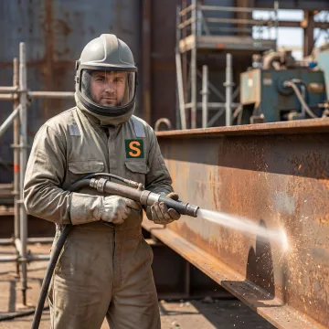 Sandblasting contractor in full protective gear operating abrasive blasting equipment on a steel surface at a job site