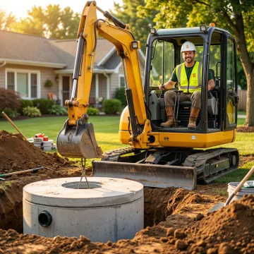 Septic tank contractor working on an underground septic system installation at a residential property.