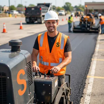 Paving contractor operating heavy asphalt equipment on a commercial road project