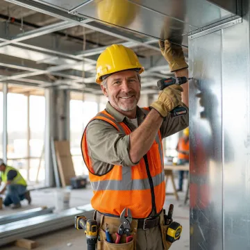 Sheet metal contractor working on HVAC ductwork installation at a commercial job site