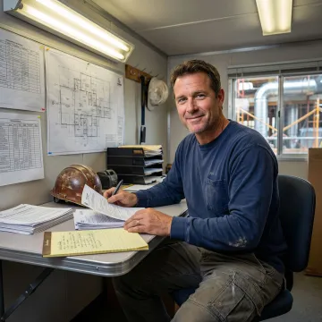 Sheet metal contractor reviewing insurance documents at a job site office
