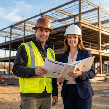 Construction site with general contractor reviewing insurance documents with project manager