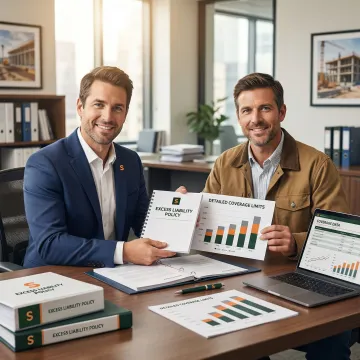 Insurance broker presenting construction excess liability policy documents to a contractor