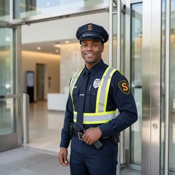 Professional security guard in uniform standing at a commercial building entrance