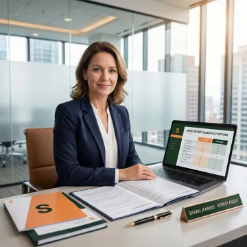Insurance broker reviewing armed security guard coverage options on a laptop with policy documents