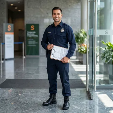 Armed security guard in uniform standing at a commercial entrance reviewing insurance documents