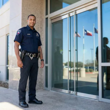 Armed security guard in uniform standing at a Texas commercial property entrance