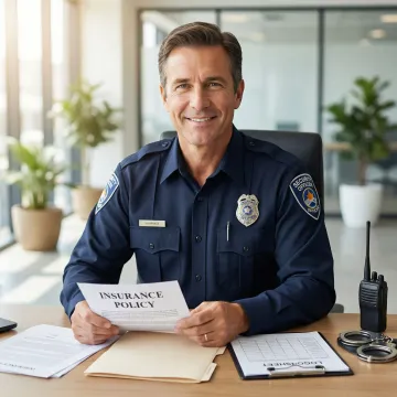 Private security officer reviewing insurance documents at a desk