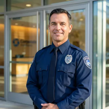 Professional security officer in uniform standing outside a commercial building with insurance document overlay