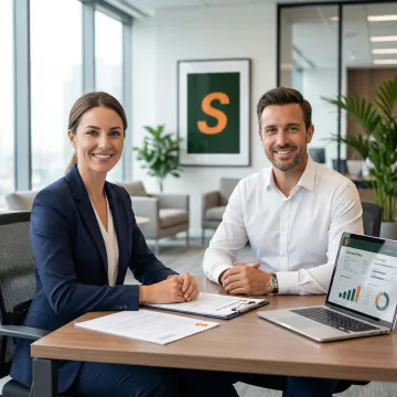 Insurance consultant reviewing security company policy documents with a client at a desk