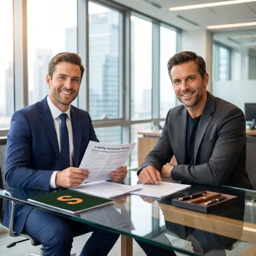 Insurance broker reviewing security firm liability policy with a security company owner