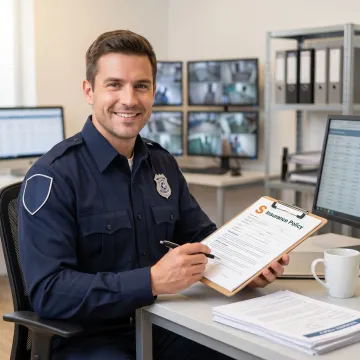 Security guard in uniform reviewing liability insurance documents at a desk