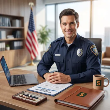 Security guard in uniform reviewing a professional liability insurance document at a desk