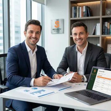Insurance broker reviewing security company policy documents with a business owner at a desk