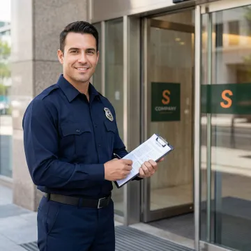 Professional security guard in uniform standing at a building entrance reviewing insurance coverage documents