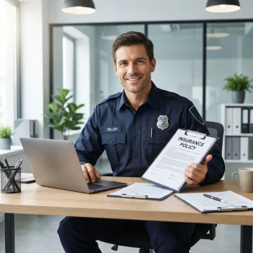 Security guard in uniform reviewing workers compensation insurance documents at a desk