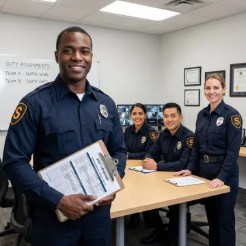 Security guard team being briefed before a shift with insurance coverage documents nearby