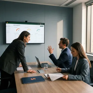 An insurance expert discussing a cyber protection plan with a team of business consultants.