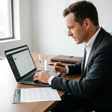 A business consultant reviewing a cyber insurance policy on a laptop in a modern office.