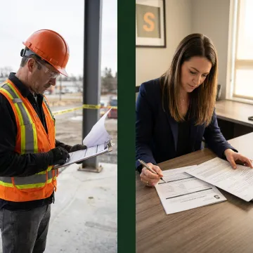 An insurance expert reviewing a contractor's application on a computer.