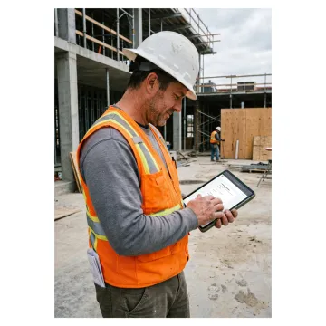 A construction contractor reviewing a supplemental insurance application on a tablet at a job site.