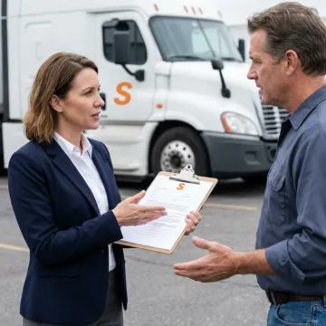 An insurance agent discussing a policy with a truck driver in front of their rig.