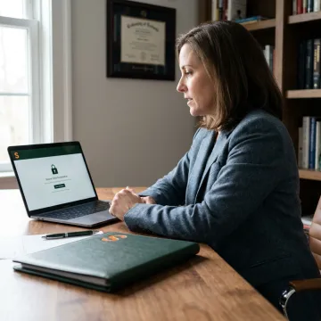 A mental health counselor securely conducting a telehealth session on a laptop.