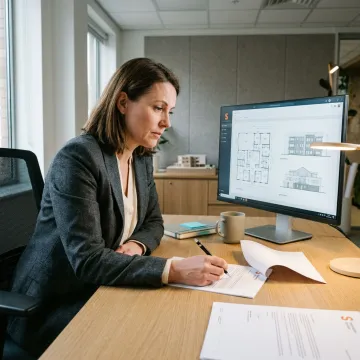 Architect reviewing digital blueprints on a tablet, symbolizing cyber insurance protection.