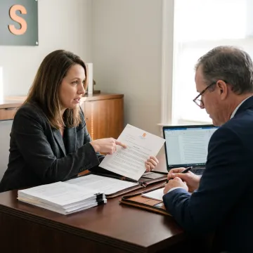 A legal professional reviewing case documents with an expert witness in a modern office setting.