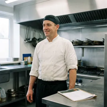 A confident restaurant chef standing with arms crossed in a professional kitchen.