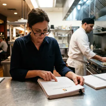 A restaurant owner reviewing an insurance policy in their bustling establishment.