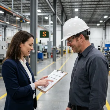 An insurance expert reviewing a policy with a manufacturing plant manager.