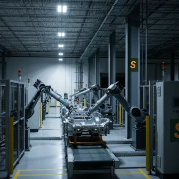 A manufacturing plant assembly line that has temporarily stopped, illustrating the concept of business interruption.