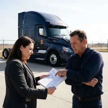 Insurance agent discussing a policy with a truck driver in front of their truck.