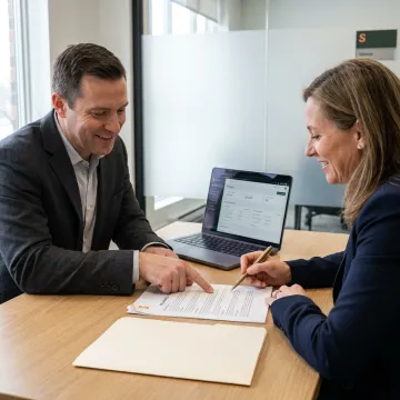 An insurance expert consulting with a tech startup founder in a modern office.