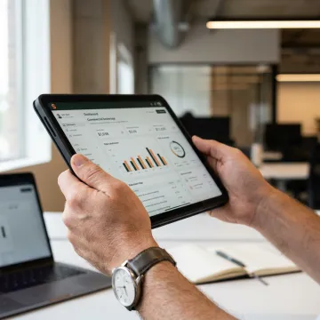 A technology professional reviewing a digital insurance policy on a tablet.