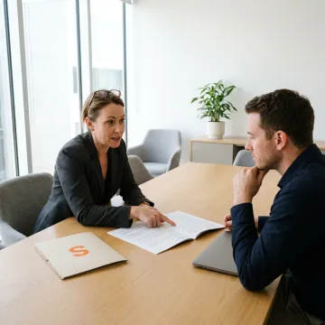 An insurance advisor discussing a policy with an IT consultant in an office.