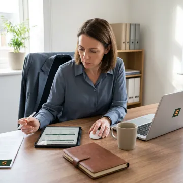 A professional IT consultant working on a laptop in a modern office, looking confident and secure.