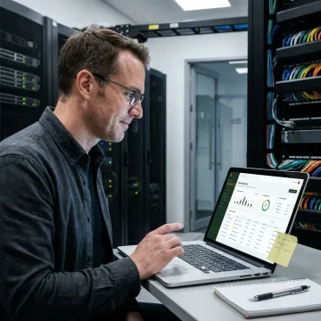 An IT professional working on a laptop in a server room, symbolizing tech insurance.