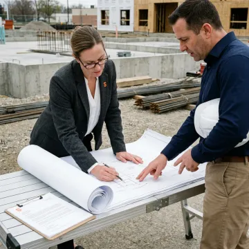 An insurance broker reviewing construction blueprints with a client.