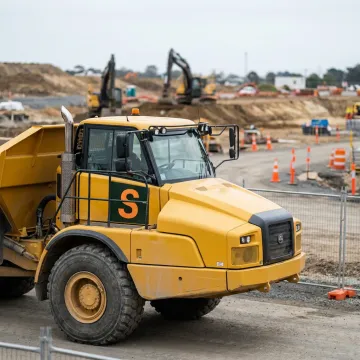 A large yellow commercial dump truck on a construction site.