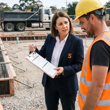 An insurance agent discussing a policy with a dump truck driver.