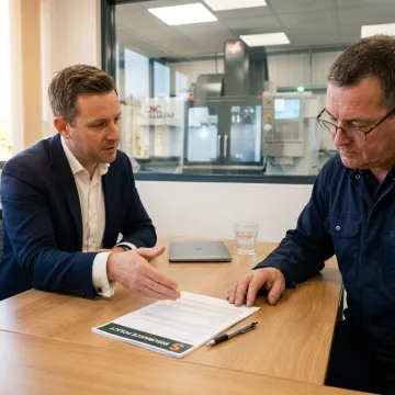 A factory manager reviewing a product recall insurance policy in a manufacturing facility.
