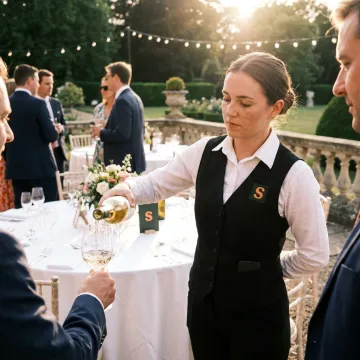 A professional caterer serving drinks at an elegant outdoor event, with liquor liability insurance in mind.