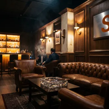 Elegant interior of a classic cigar bar with leather armchairs and patrons socializing.