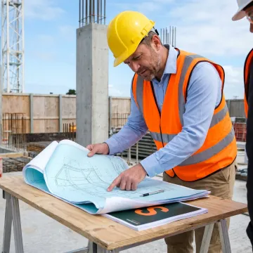 A construction consultant reviewing architectural blueprints at a building site.